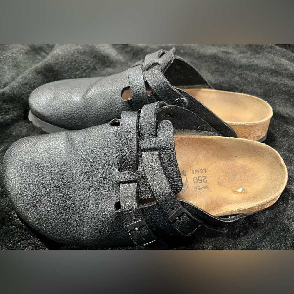 Birkenstock Black Leather Clogs with Buckle Detail